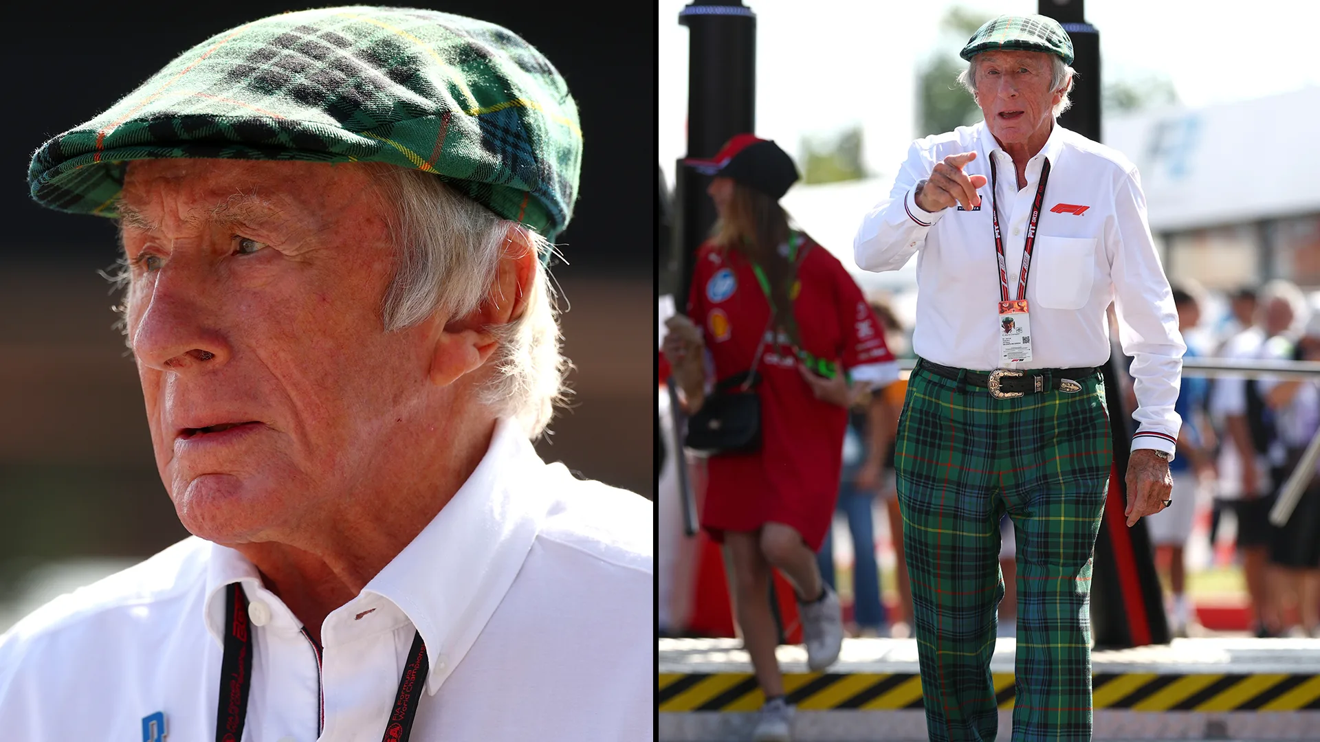 Sir Jackie Stewart memakai cap gabungan dan seluar kombinasi tandatangannya. Leretkan lebih banyak lagi